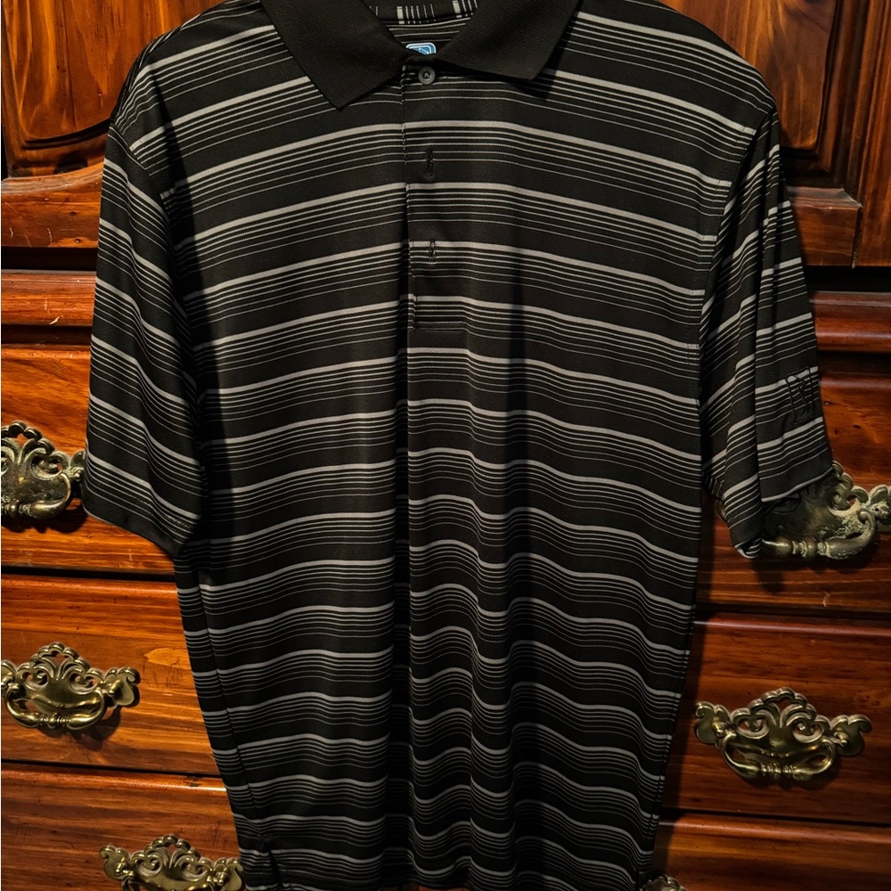 PGA Tour Black and Gray Striped Polo Shirt